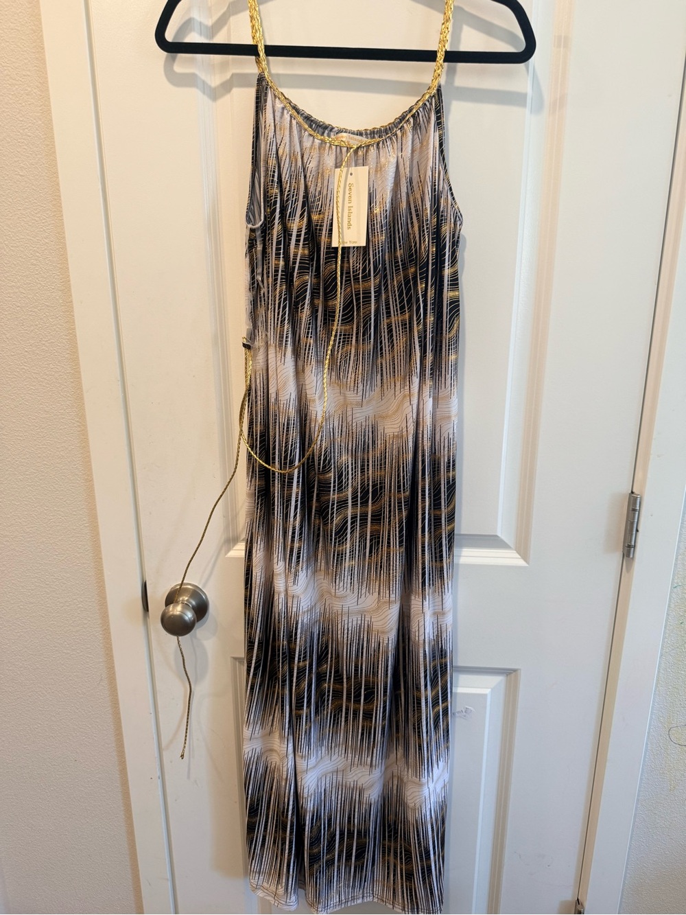 Seven Island Sleeveless Maxi Dress with Abstract Black, White & Gold Pattern M